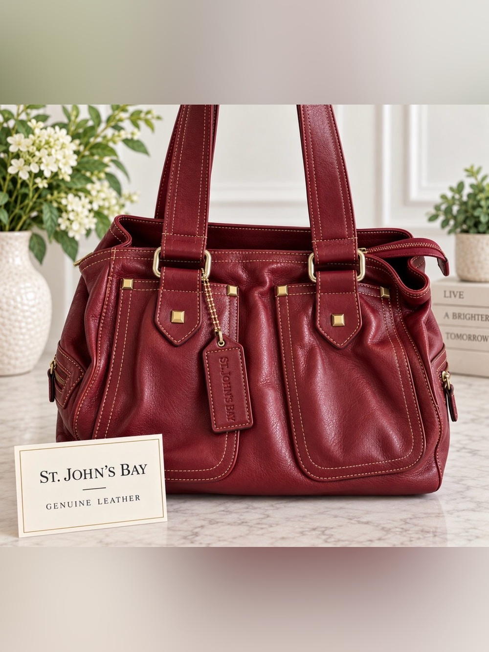 St. John’s Bay Genuine Leather Burgundy Shoulder Tote Bag Purse Gold Hardware